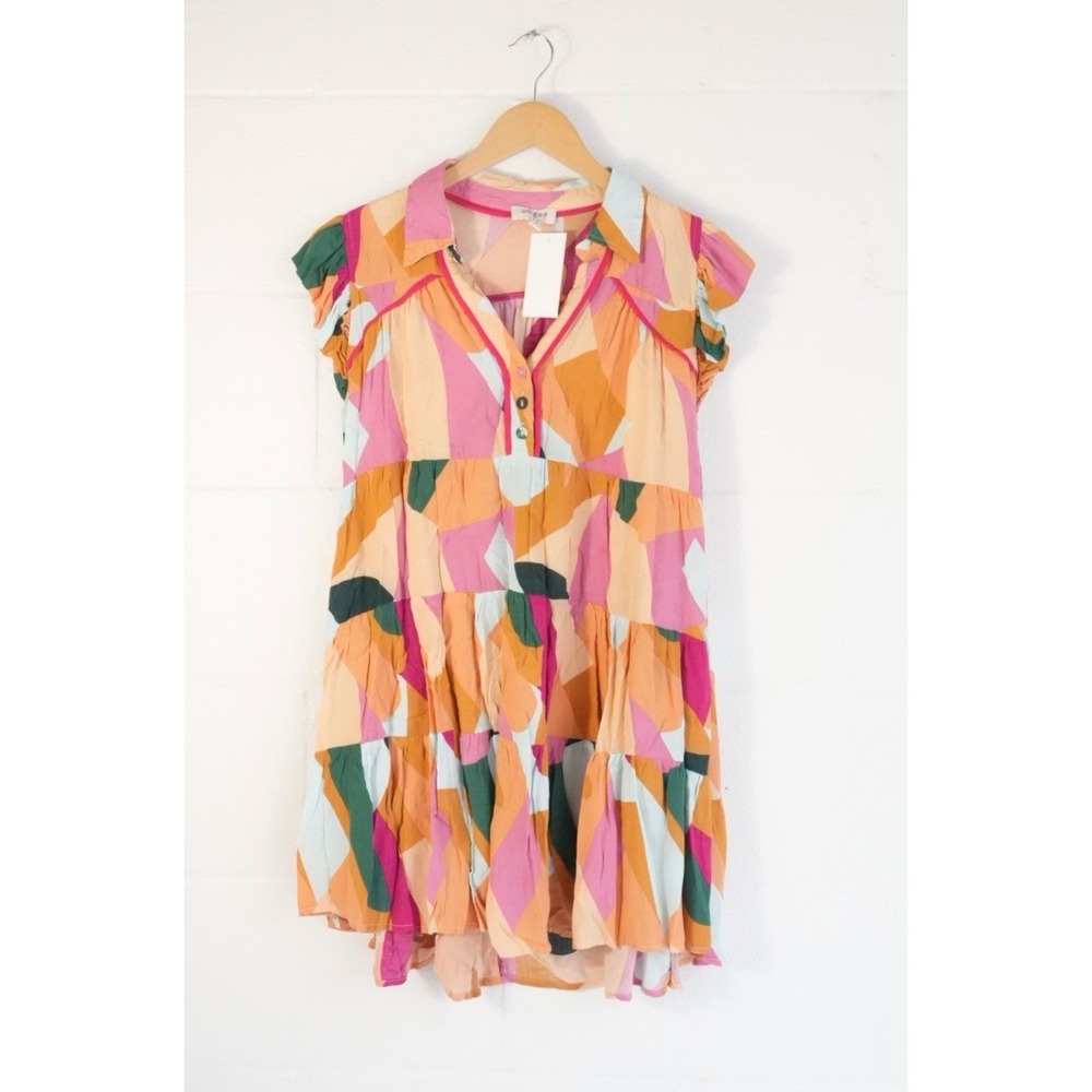 Umgee Dress Women Large‎ Multi Color Abstract Geometric Tiered Babydoll Mini